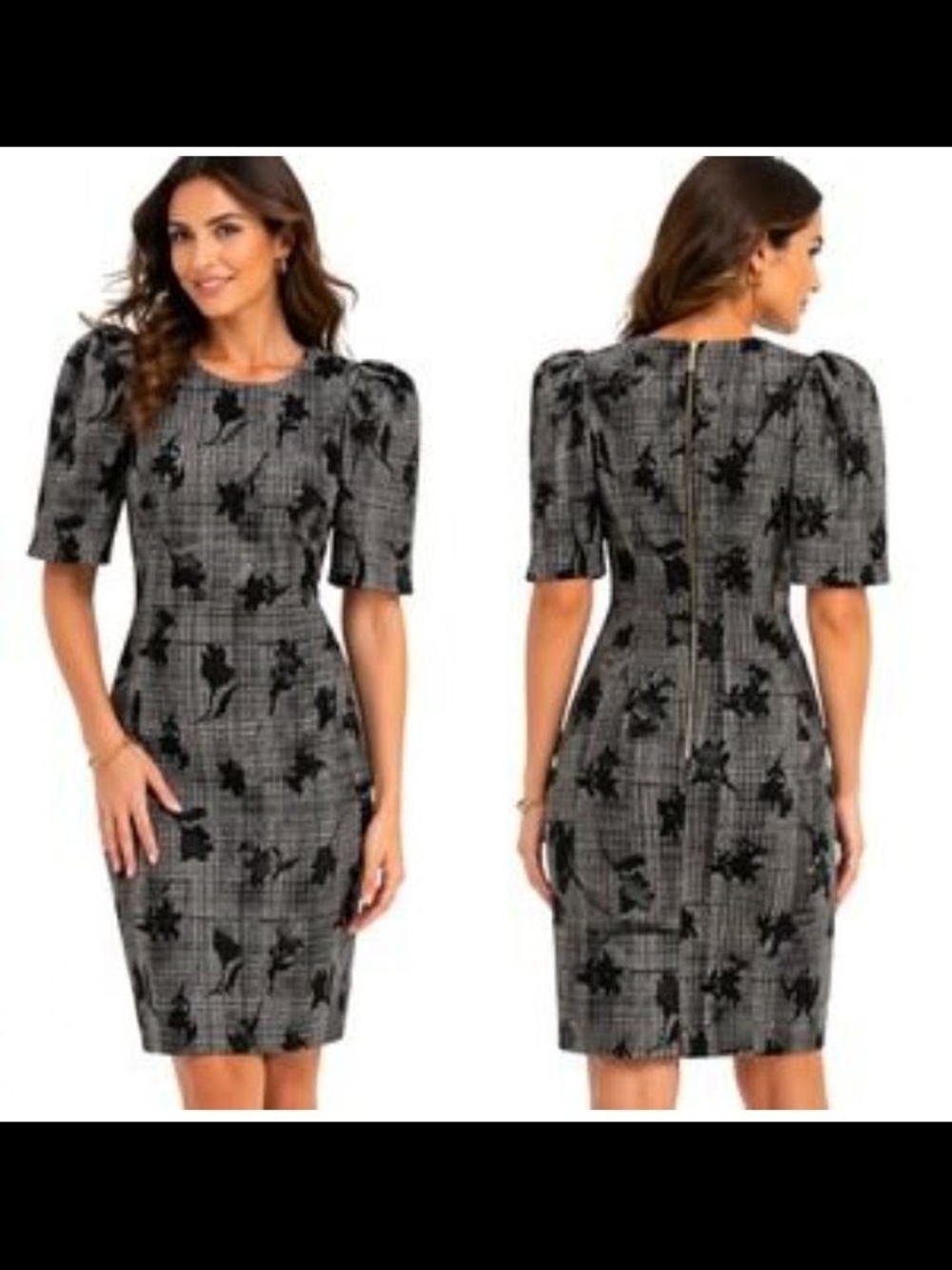 Calvin Klein Black & Gray Floral Plaid Midi Dress